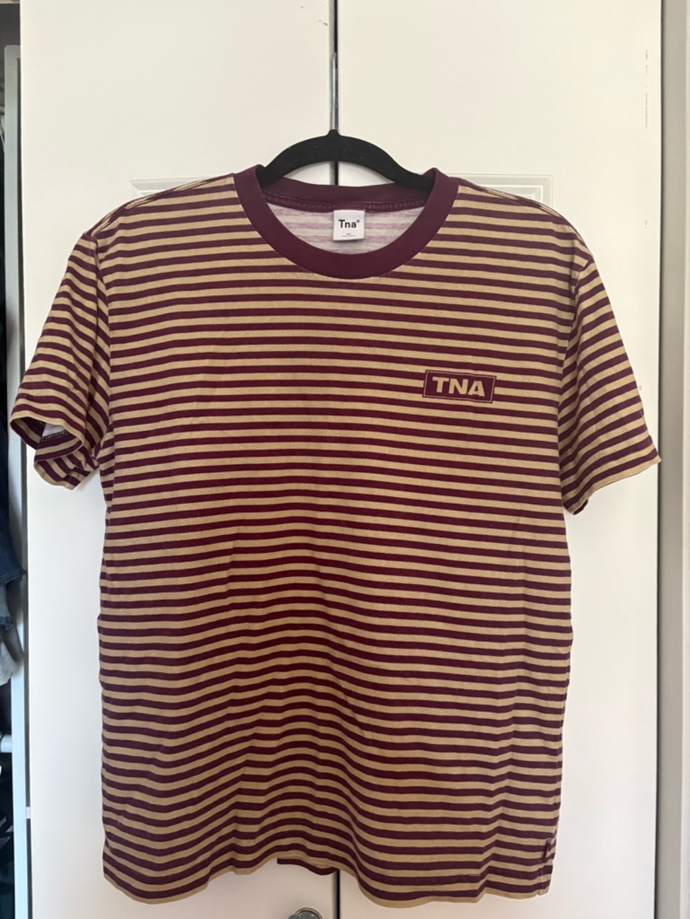 TNA Striped Crew Tee in Burgundy and Tan
